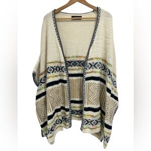 Fab'rik Southwestern Geometric Print Boho Cozy Poncho Cardigan Sweater - Medium